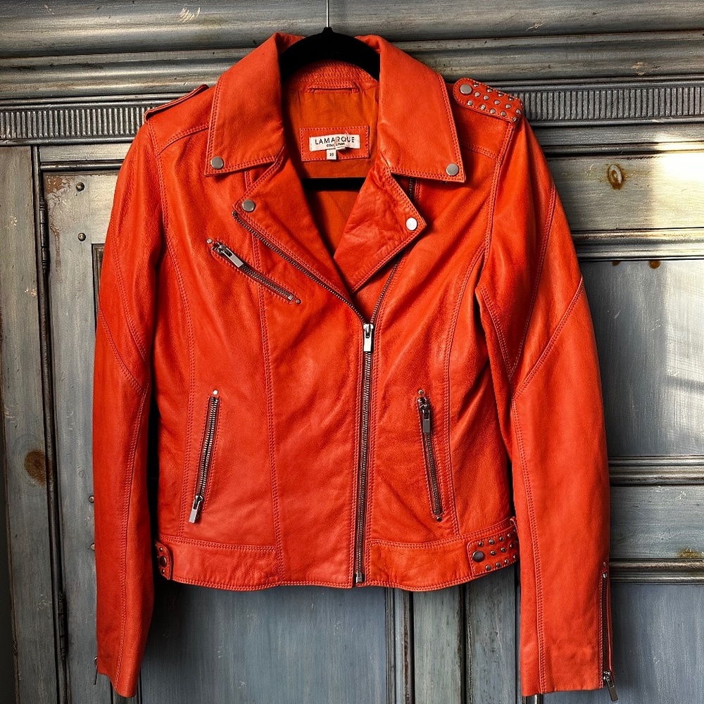 Lamarque Orange Leather Moto Jacket Size XS